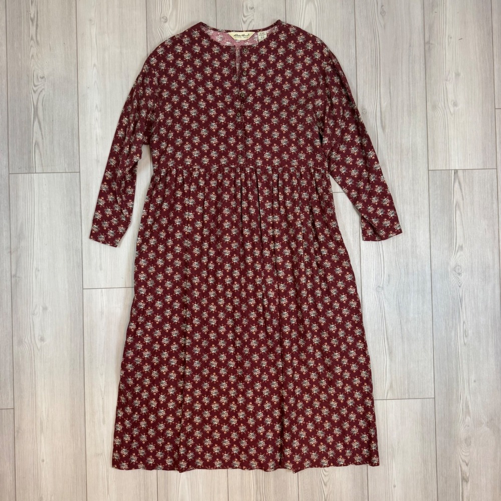 Eddie Bauer Womens Petite Medium Floral Cotton Maxi Dress Burgundy Long Sleeve